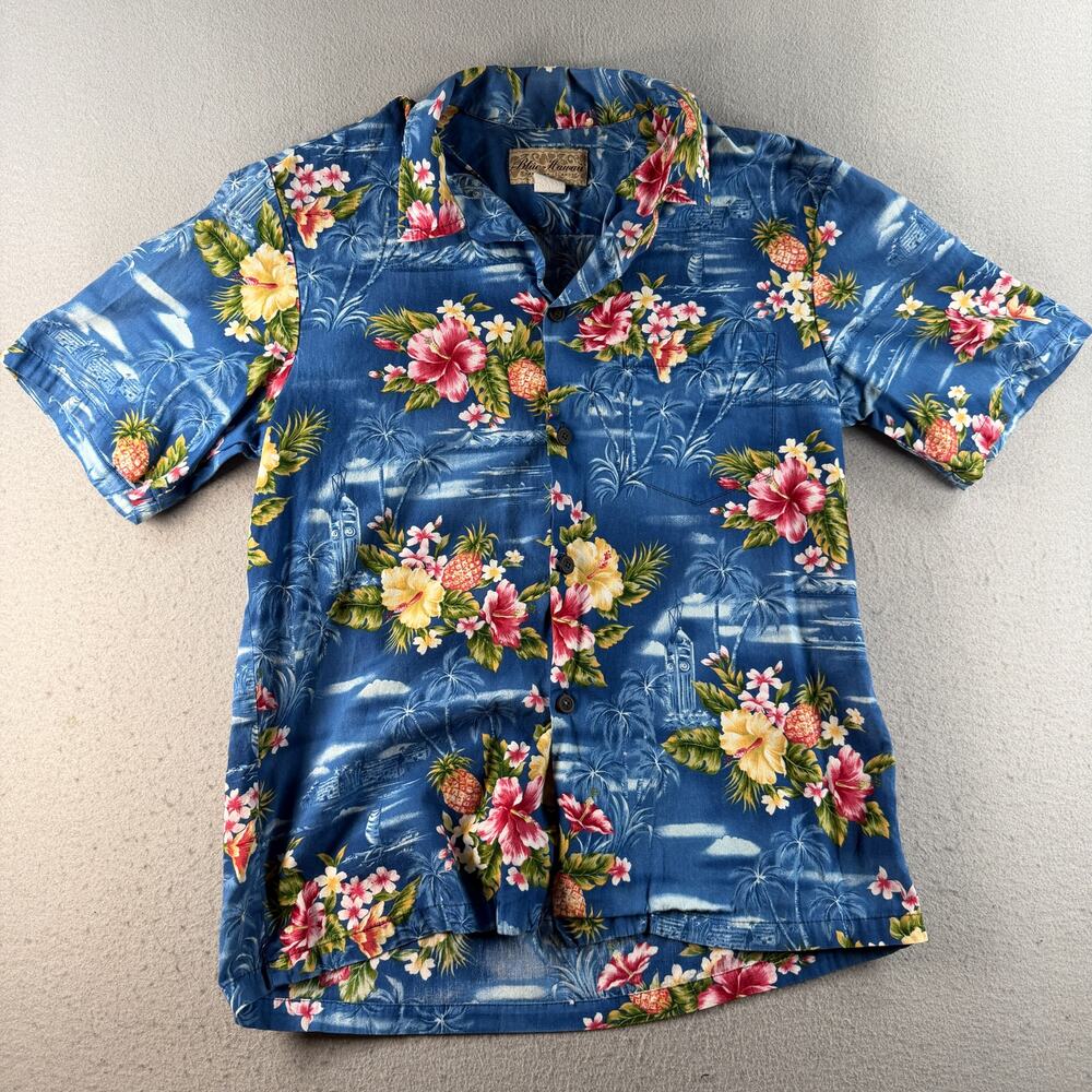 Blue Hawaii Hawaiian Shirt Mens Blue Hibiscus Pineapple Tropical Aloha Button Up